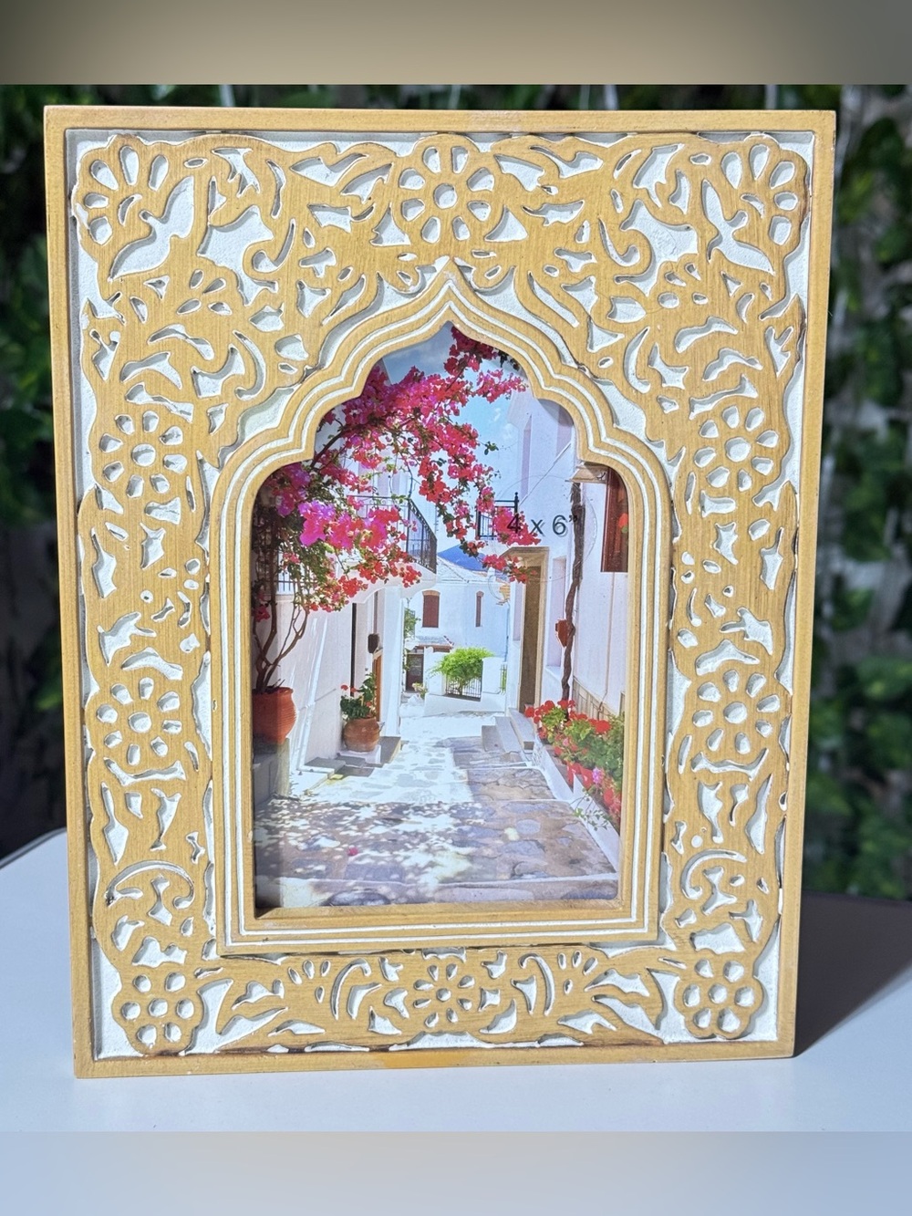 Kazbah Motif Wood and White Ornate Floral Carved Picture Frame 4” x 6”